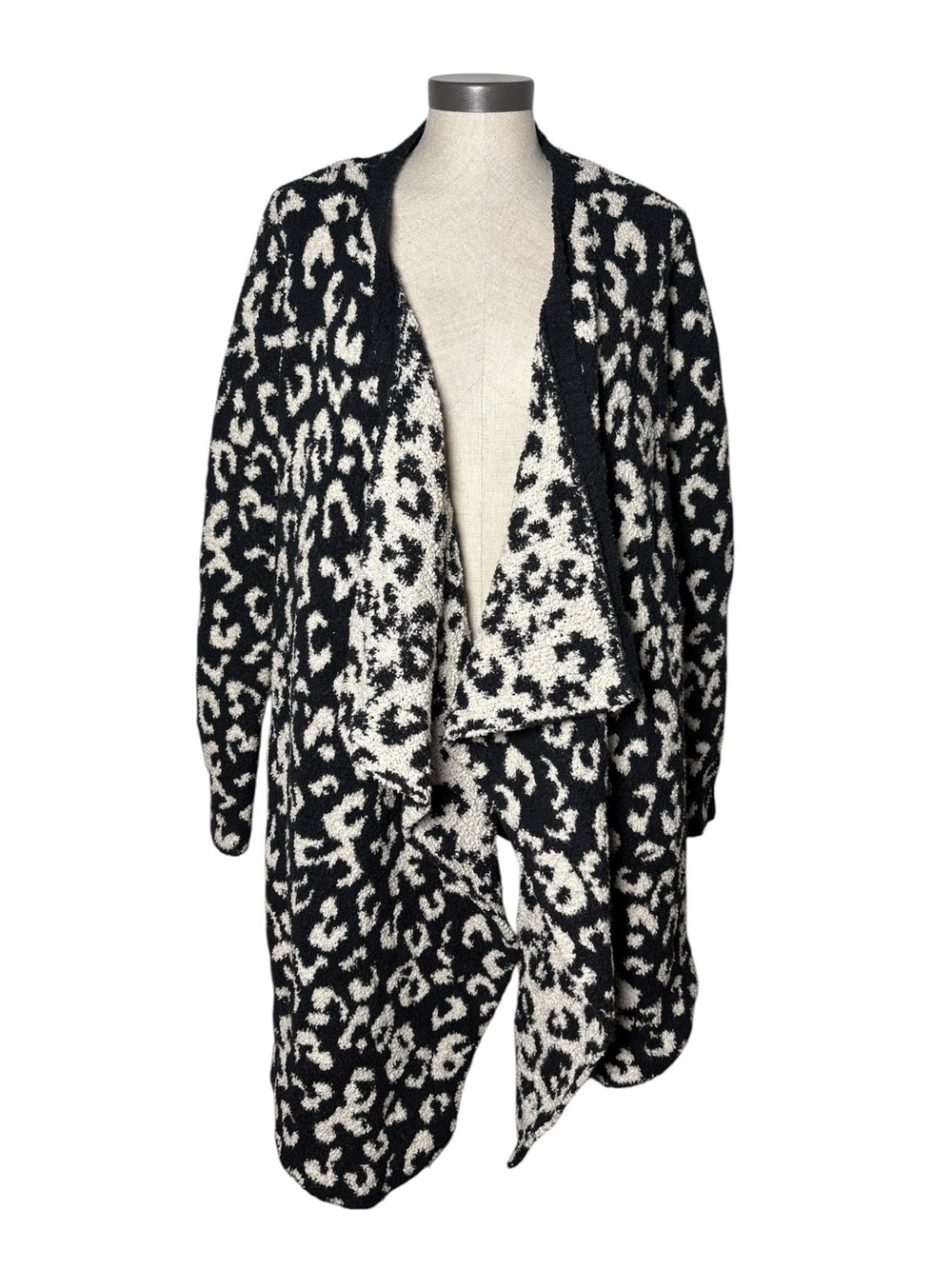 UGG Fuzzy Leopard Print Open Front Cardigan Sweater Black Cream Medium